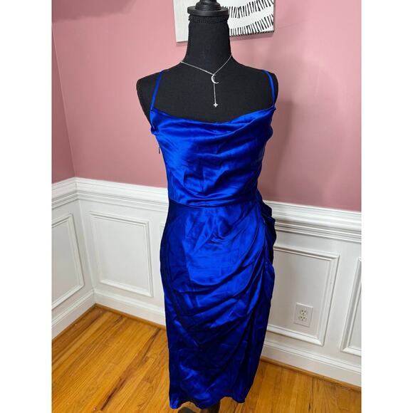 Amanda Uprichard Jasalina Dress in Branson Blue Large Satin Backless Cross Strap - Picture 4 of 10